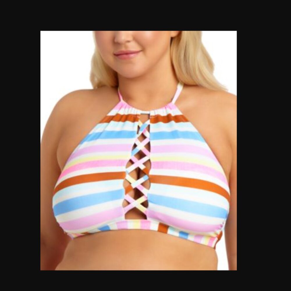 California Waves Trendy Plus Size Linen Stripe Printed Halter Bikini Top Macy's